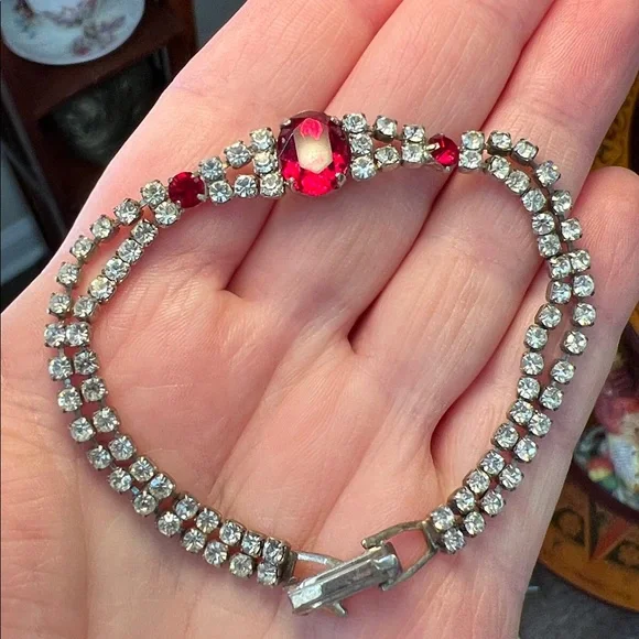 VTG Art Deco Style LIND Silver Plated Ruby Red Clear Rhinestone Tennis Bracelet - Picture 7 of 11
